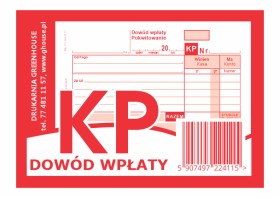 Pokwitowanie KP składa się z oryginału i kopii w kolorze czerwonym. Drukowany na Papierze samokopiującym o gramaturze 60g w rozmiarze A6 (148105 mm). Dowód wpłaty klejony jest po krótszym boku, dodatkowo jest usztywniony tekturową okładką: przód/tył. 100 % satysfakcji z druku. Tanio, Najtaniej w Polsce.